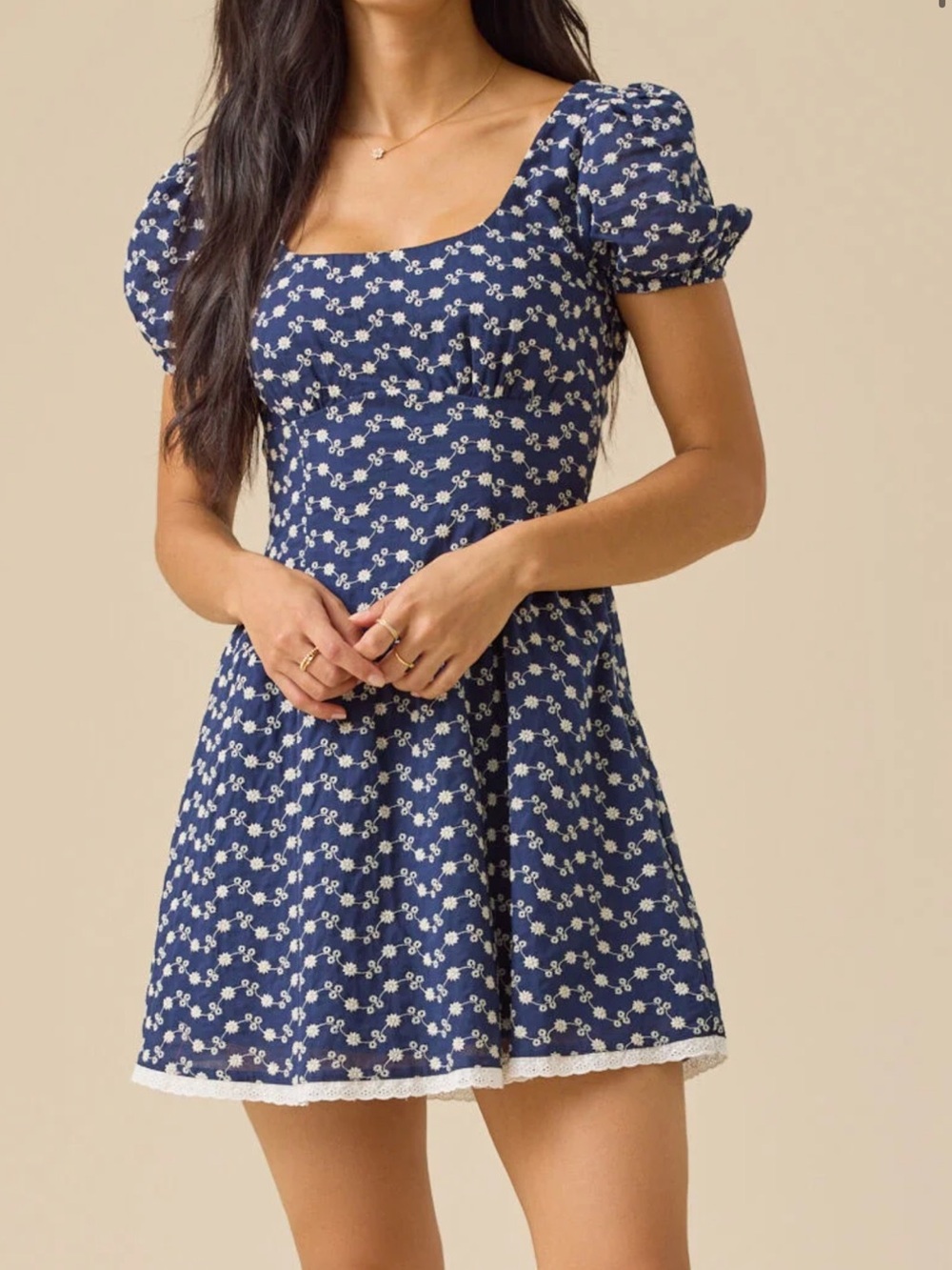 Altar’d State mini jesse‎ Blue Embroidered Puff Sleeve Dress Cottagecore small